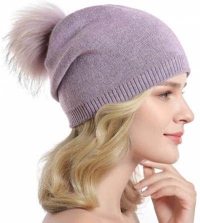 Skullies & Beanies Women Knit Wool Beanie - Winter Solid Cashmere Ski Hats Real Raccoon Fur Pom Pom - 11- Purple - C318KH673T...