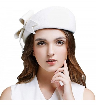 Berets Women's Wool French Bowknot Beret Hat Autumn Winter Vintage Warm Beanie Cap - Off-white - CY18I894MAZ $39.55
