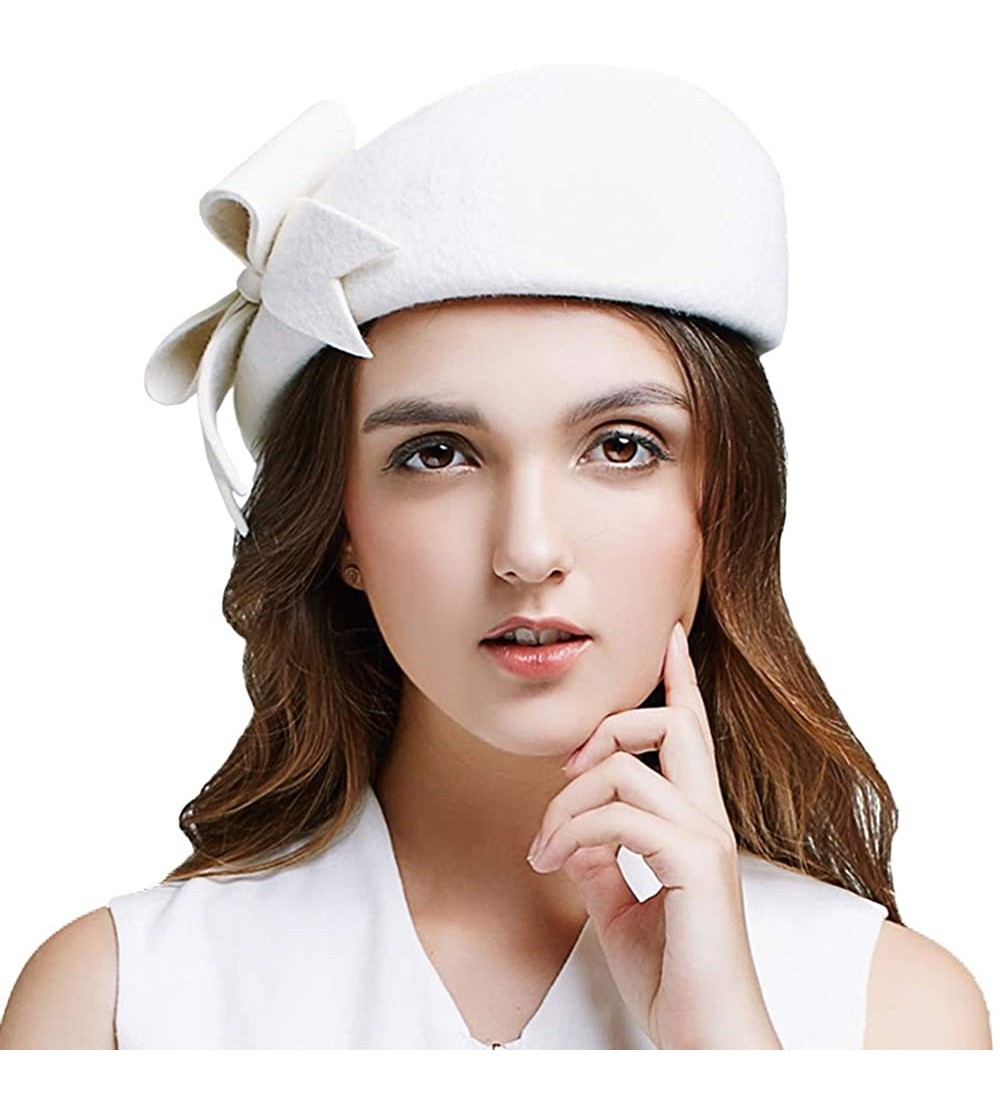 Berets Women's Wool French Bowknot Beret Hat Autumn Winter Vintage Warm Beanie Cap - Off-white - CY18I894MAZ $39.55