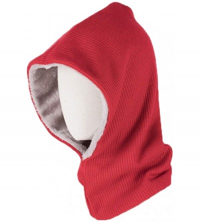 Skullies & Beanies Outdoor Warmer Fleece Hooded Scarf Hat Double Layers Warm Hoodie Hat - Red - C318KK3LUWH $8.76