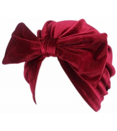 Skullies & Beanies Women Solid Bow Pre Tied Cancer Chemo Hat Beanie Turban Stretch Head Wrap Cap - Red - CS185Y3T94X $10.64