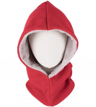 Skullies & Beanies Outdoor Warmer Fleece Hooded Scarf Hat Double Layers Warm Hoodie Hat - Red - C318KK3LUWH $8.76