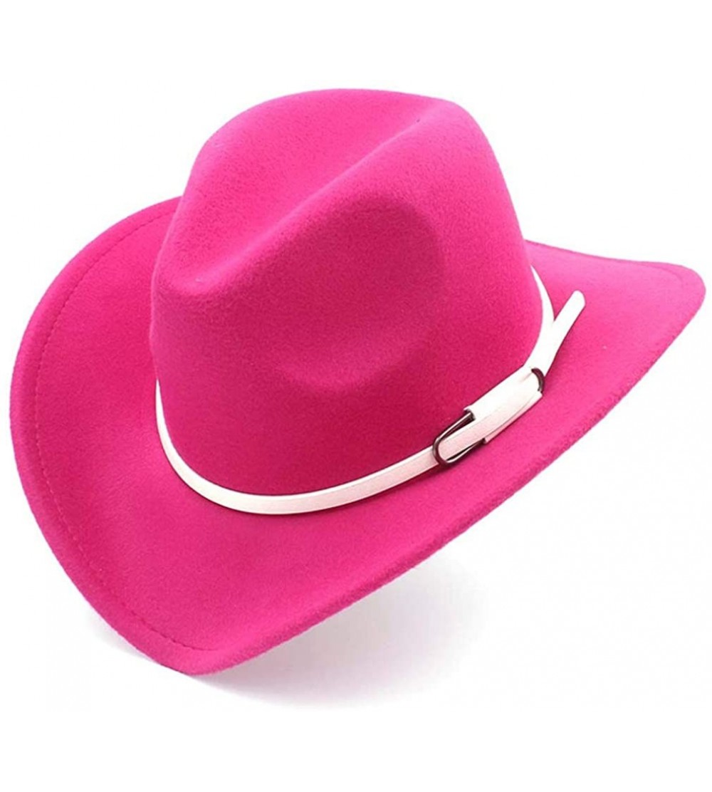 Cowboy Hats Wool Blend Wide Brim Western Cowboy Hat Cowgirl Jazz Cap White Leather Belt - Rose Red - C118IIYSQ9Z $12.42