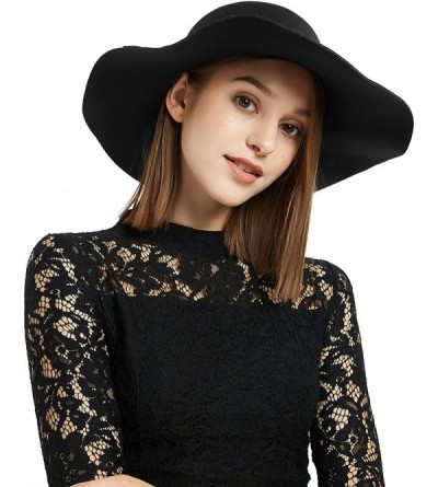 Fedoras Womens Floppy Hat- Wool Felt Wide Brim Sun Hat Fedora Cloche Bowler Cap - Black - CE18SZSL0UO $14.73