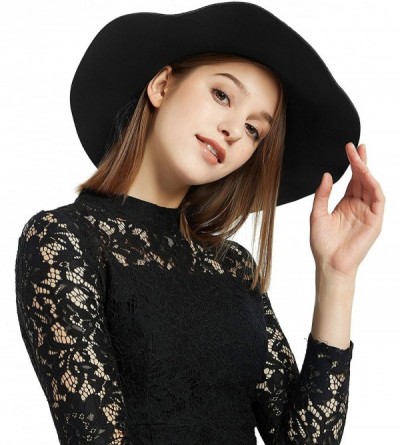 Fedoras Womens Floppy Hat- Wool Felt Wide Brim Sun Hat Fedora Cloche Bowler Cap - Black - CE18SZSL0UO $14.73