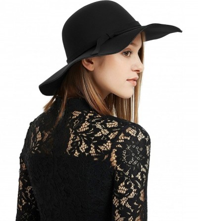 Fedoras Womens Floppy Hat- Wool Felt Wide Brim Sun Hat Fedora Cloche Bowler Cap - Black - CE18SZSL0UO $14.73
