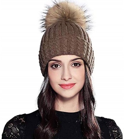 Skullies & Beanies Women Fashion Warm Winter Knitted Beanie Fur Ball Pom Hat Crochet Ski Cap - Coffee - CA18HOER4ZD $12.80