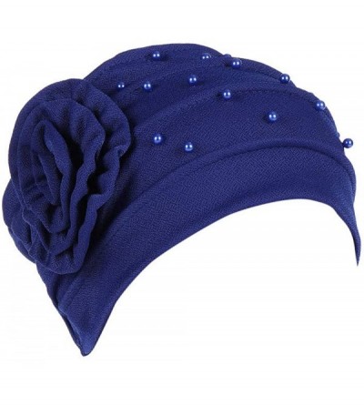 Newsboy Caps Women Beading India Hat Muslim Ruffle Cancer Chemo Beanie Floral Turban W - Blue - CM18LCAA989 $19.21