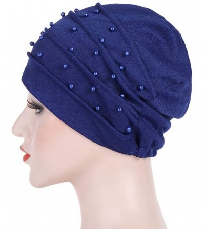 Newsboy Caps Women Beading India Hat Muslim Ruffle Cancer Chemo Beanie Floral Turban W - Blue - CM18LCAA989 $7.87