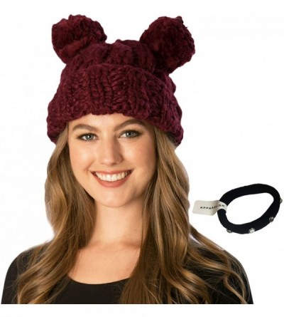 Skullies & Beanies Women's Handcrafted Soft Chunky Knitted Double Pom Pom Beanie Hat with Hair Tie. - Burgundy - CA186DDMUD8 ...