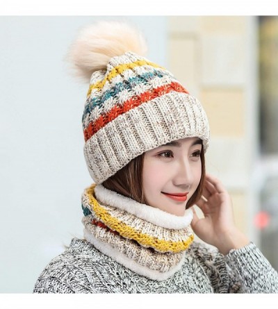 Skullies & Beanies 2 Pcs Knitted Hat Scarf Set for Women Winter Warm Fleece Lined Beanie Hat Ski Hat with Pompom - Beige - C7...