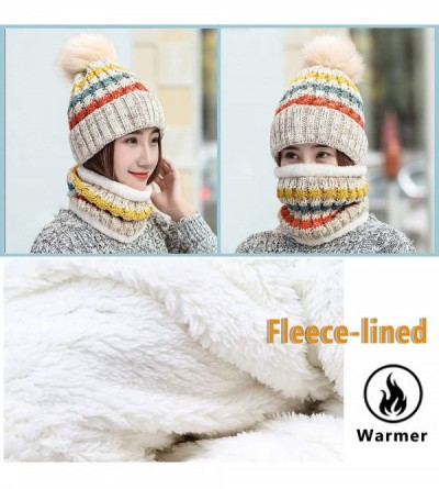 Skullies & Beanies 2 Pcs Knitted Hat Scarf Set for Women Winter Warm Fleece Lined Beanie Hat Ski Hat with Pompom - Beige - C7...