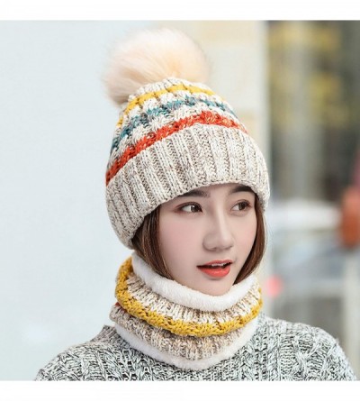 Skullies & Beanies 2 Pcs Knitted Hat Scarf Set for Women Winter Warm Fleece Lined Beanie Hat Ski Hat with Pompom - Beige - C7...