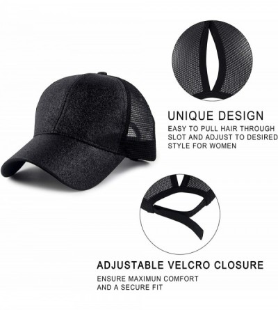 Baseball Caps Women's Ponytail Baseball Cap Messy High Bun Adjustable Plain Trucker Dad Hat - Glitter-black - CP18NC0UWOL $13.58