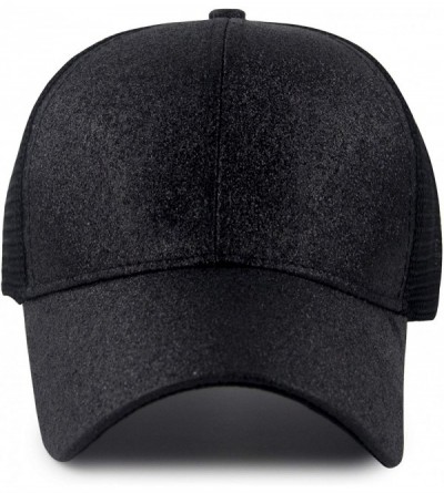 Baseball Caps Women's Ponytail Baseball Cap Messy High Bun Adjustable Plain Trucker Dad Hat - Glitter-black - CP18NC0UWOL $13.58