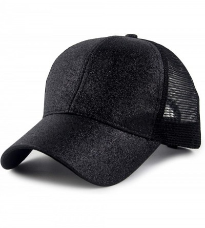 Baseball Caps Women's Ponytail Baseball Cap Messy High Bun Adjustable Plain Trucker Dad Hat - Glitter-black - CP18NC0UWOL $13.58