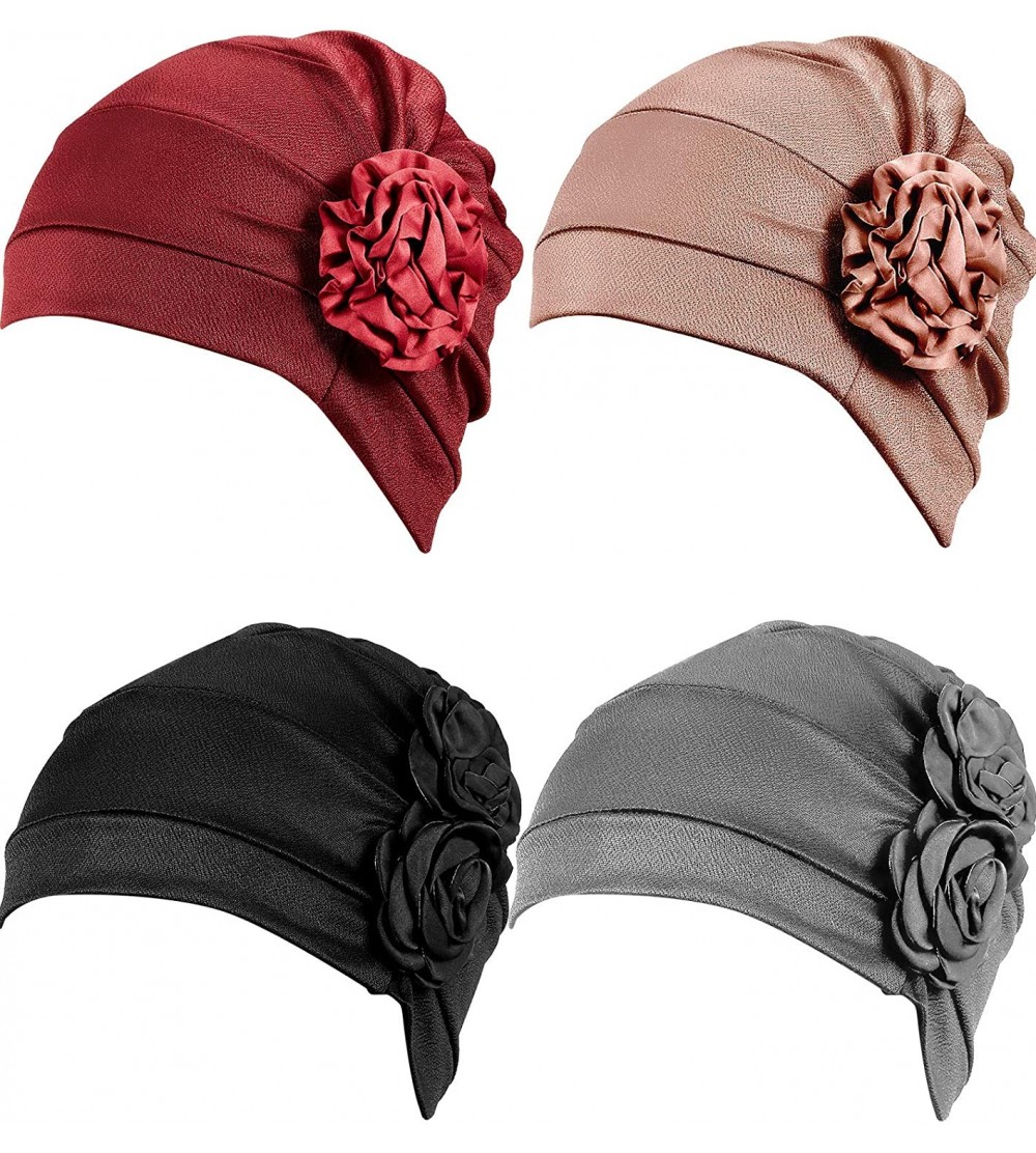 Skullies & Beanies 4 Pieces Turban Flower Head Wrap Beanie Scarf Cap Hair Loss Hat for Men and Women (Wine Red- Khaki- Black-...