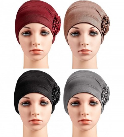 Skullies & Beanies 4 Pieces Turban Flower Head Wrap Beanie Scarf Cap Hair Loss Hat for Men and Women (Wine Red- Khaki- Black-...