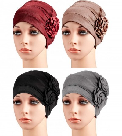 Skullies & Beanies 4 Pieces Turban Flower Head Wrap Beanie Scarf Cap Hair Loss Hat for Men and Women (Wine Red- Khaki- Black-...