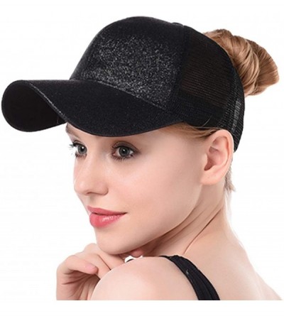 Baseball Caps Women's Ponytail Baseball Cap Messy High Bun Adjustable Plain Trucker Dad Hat - Glitter-black - CP18NC0UWOL $13.58