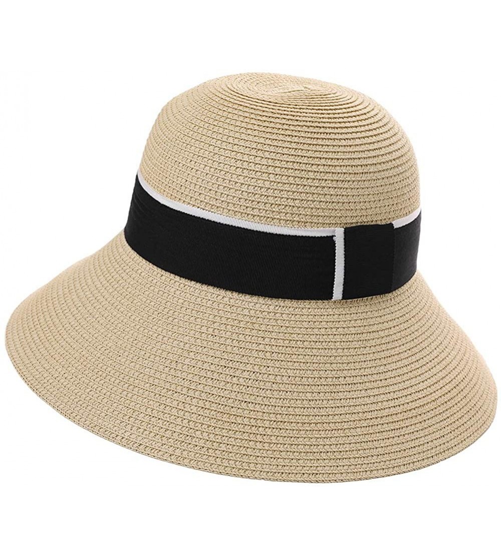 Bucket Hats Packable UPF Straw Sunhat Women Summer Beach Wide Brim Fedora Travel Hat 54-59CM - 00759_beige(with Face Shield) ...