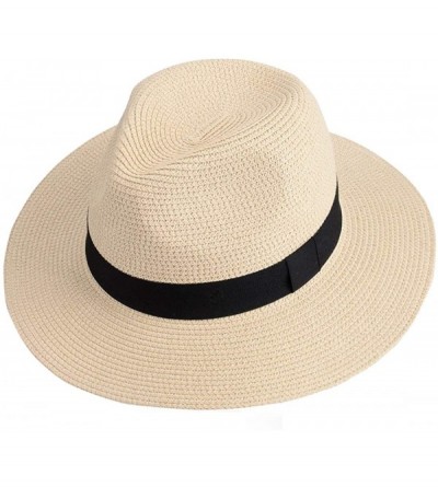 Sun Hats Womens Straw Panama Hat- Wide Brim Beach Sun Hats Summer Foldable Travel Sunhat UPF50 - 1-b-beige-fk - C018S589MTA $...