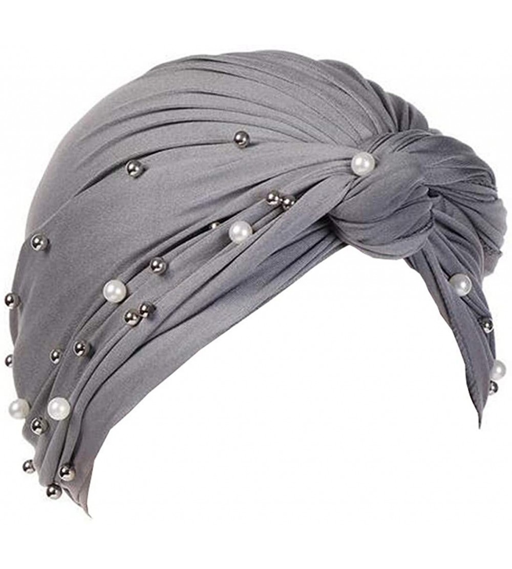 Skullies & Beanies Women Muslim Turban Pearl Hat Bonnet Hijab Headscarf Islamic Chemo Cap - Gray - CY18RZXHWON $8.82