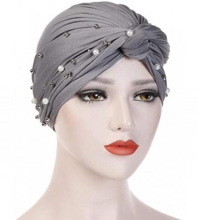 Skullies & Beanies Women Muslim Turban Pearl Hat Bonnet Hijab Headscarf Islamic Chemo Cap - Gray - CY18RZXHWON $8.82