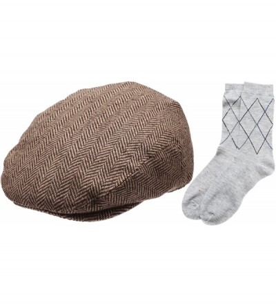 Newsboy Caps Men's Collection Wool Blend Herringbone Tweed Newsboy Ivy Hat with Dress Socks. - Lightbrown - CB12IJU0JV9 $30.56