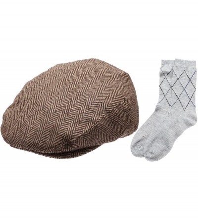 Newsboy Caps Men's Collection Wool Blend Herringbone Tweed Newsboy Ivy Hat with Dress Socks. - Lightbrown - CB12IJU0JV9 $15.96