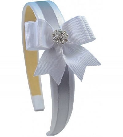 Headbands Girls Elegant Rhinestone Bow Satin Headband - White/Silver - CC11V2TLBWB $13.90