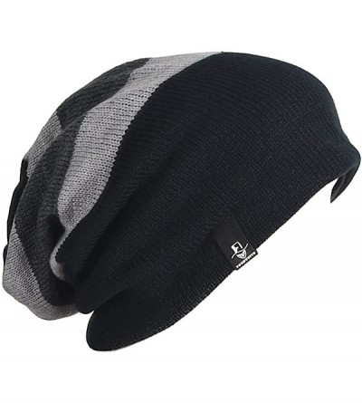 Skullies & Beanies Mens Slouchy Long Oversized Beanie Knit Cap for Summer Winter B08 - Triple Striped Grey - CA12N1TS1RF $13.89