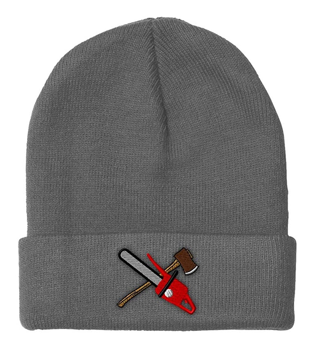 Skullies & Beanies Custom Beanie for Men & Women Lumberjack Chain Saw & Axe Embroidery Acrylic - Light Grey - CJ18ZS3GQS2 $17.28