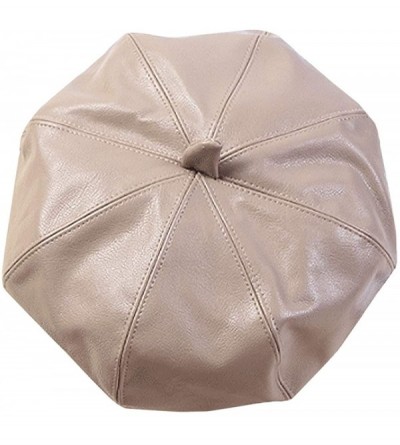 Berets Women Faux Leather Solid Beret French Artist Tam Beanie Hat Cap - 0464 Khaki - CU1938GLLID $10.94