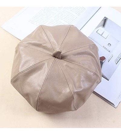Berets Women Faux Leather Solid Beret French Artist Tam Beanie Hat Cap - 0464 Khaki - CU1938GLLID $10.94