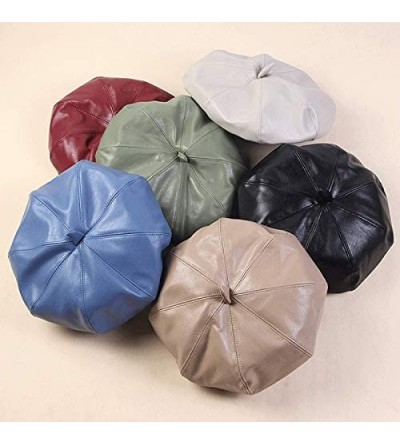 Berets Women Faux Leather Solid Beret French Artist Tam Beanie Hat Cap - 0464 Khaki - CU1938GLLID $10.94