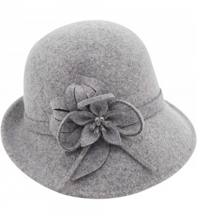 Bucket Hats 100% Wool Vintage Felt Cloche Bucket Bowler Hat Winter Women Church Hats - Flower Grey9 - CI18K5S5ZAD $22.90