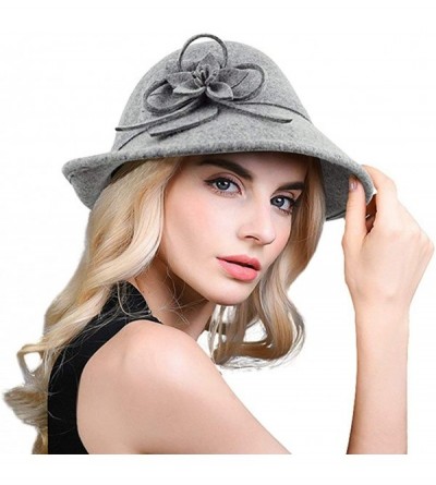 Bucket Hats 100% Wool Vintage Felt Cloche Bucket Bowler Hat Winter Women Church Hats - Flower Grey9 - CI18K5S5ZAD $22.90