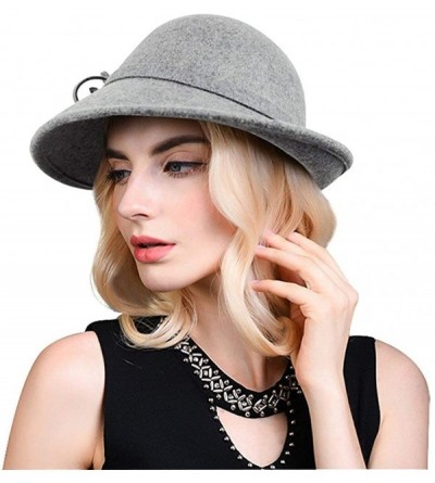 Bucket Hats 100% Wool Vintage Felt Cloche Bucket Bowler Hat Winter Women Church Hats - Flower Grey9 - CI18K5S5ZAD $22.90