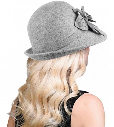 Bucket Hats 100% Wool Vintage Felt Cloche Bucket Bowler Hat Winter Women Church Hats - Flower Grey9 - CI18K5S5ZAD $22.90