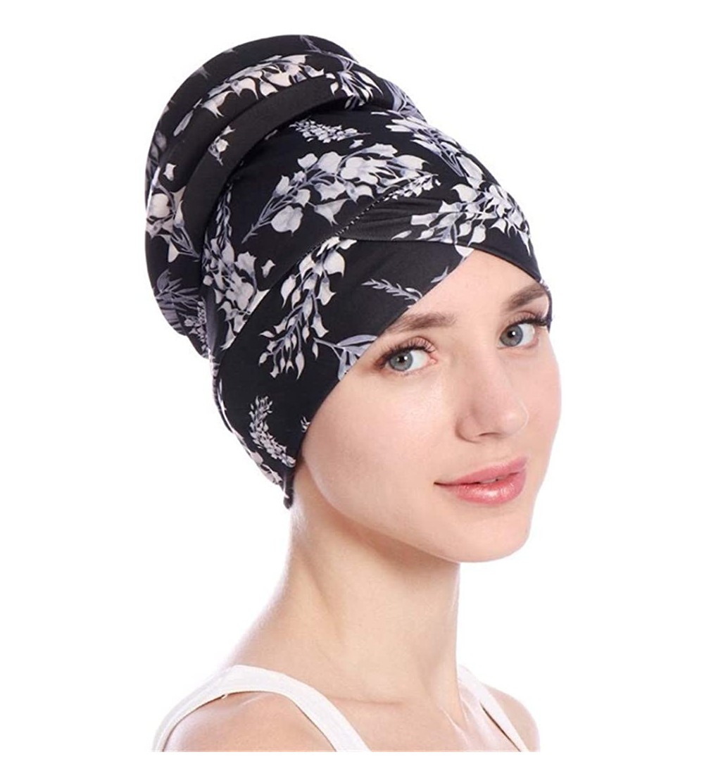 Skullies & Beanies Newly Fashion Women Islamic Muslim Leaves Hijab Turban Hat Headwrap Scarf Cover Chemo Cap Gift - Black - C...