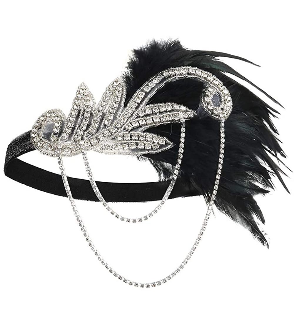 Headbands 1920s Flapper Vintage Feather Gatsby Crystal Headpiece - Black - C118H87EZZL $9.52