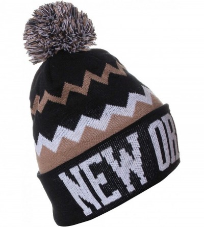 Skullies & Beanies USA Chevron Zig Zags Pom Pom Knit Hat Beanie - New Orleand Black Khaki - CH128XUQNAP $9.09