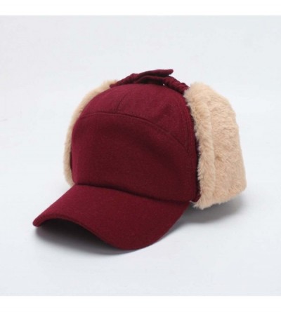 Skullies & Beanies Women's Ushanka Earflaps Flat Cap Winter Woolen Harajuku Bomber Trapper Russian Hats - Red - CL188XZAZGN $...