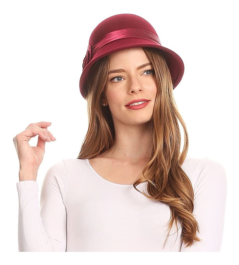Bucket Hats Womens Vintage Style 100% Wool Cloche Bucket Bell Winter Hat with Flower - Burgandy - C91820N6YMO $29.00