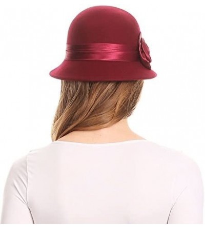Bucket Hats Womens Vintage Style 100% Wool Cloche Bucket Bell Winter Hat with Flower - Burgandy - C91820N6YMO $29.00