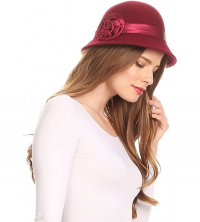 Bucket Hats Womens Vintage Style 100% Wool Cloche Bucket Bell Winter Hat with Flower - Burgandy - C91820N6YMO $29.00