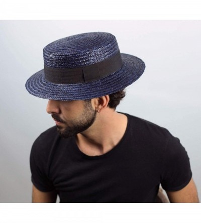 Fedoras Canotier Boater Hat Gondolier Straw - Bleu - CT18RW0IXN5 $21.29