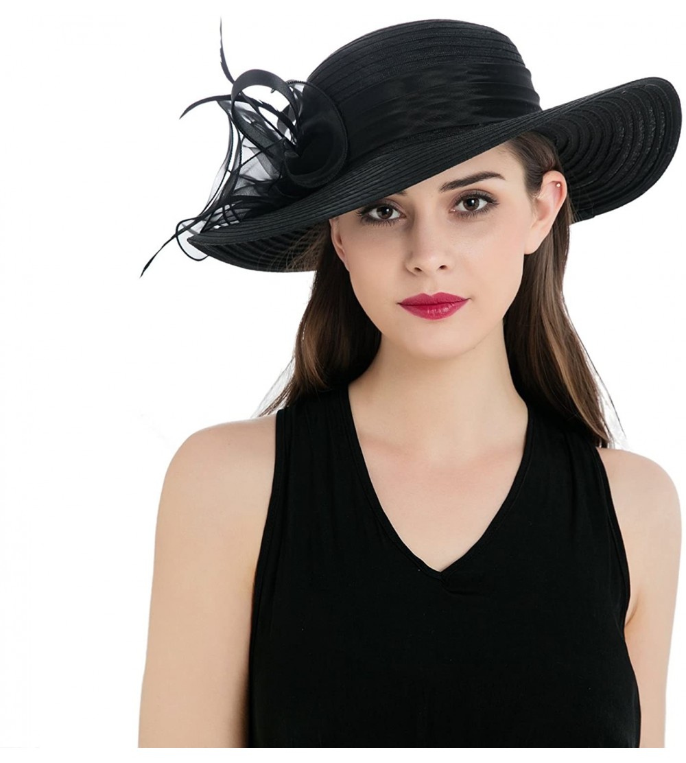 Sun Hats Women's Organza Wide Brim Floral Ribbon Kentucky Derby Church Dress Sun Hat - Black - CG17XWAIX5D $16.54