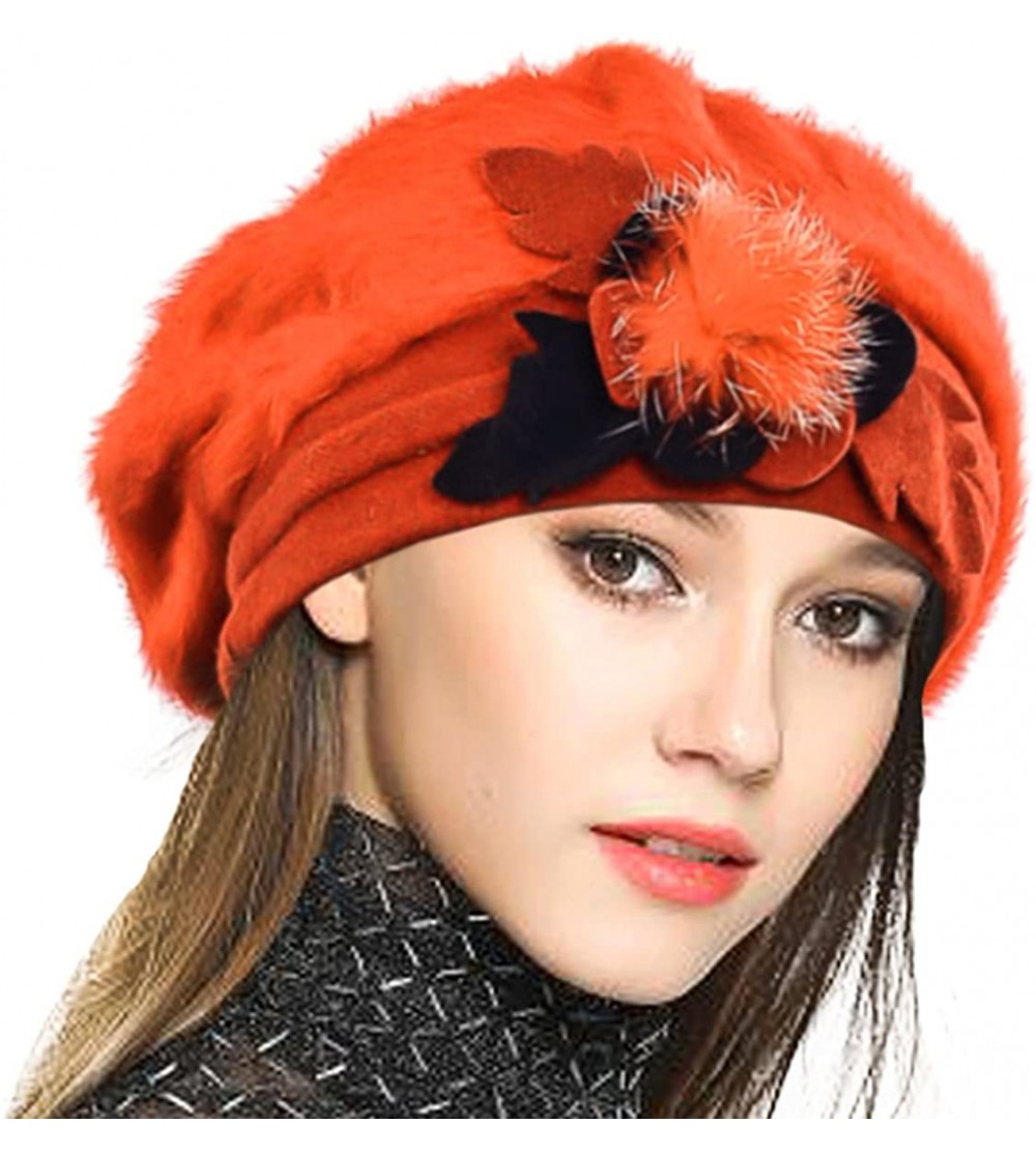 Berets Lady French Beret 100% Wool Beret Floral Dress Beanie Winter Hat - Angola-orange - CR12NYOMGPB $20.22